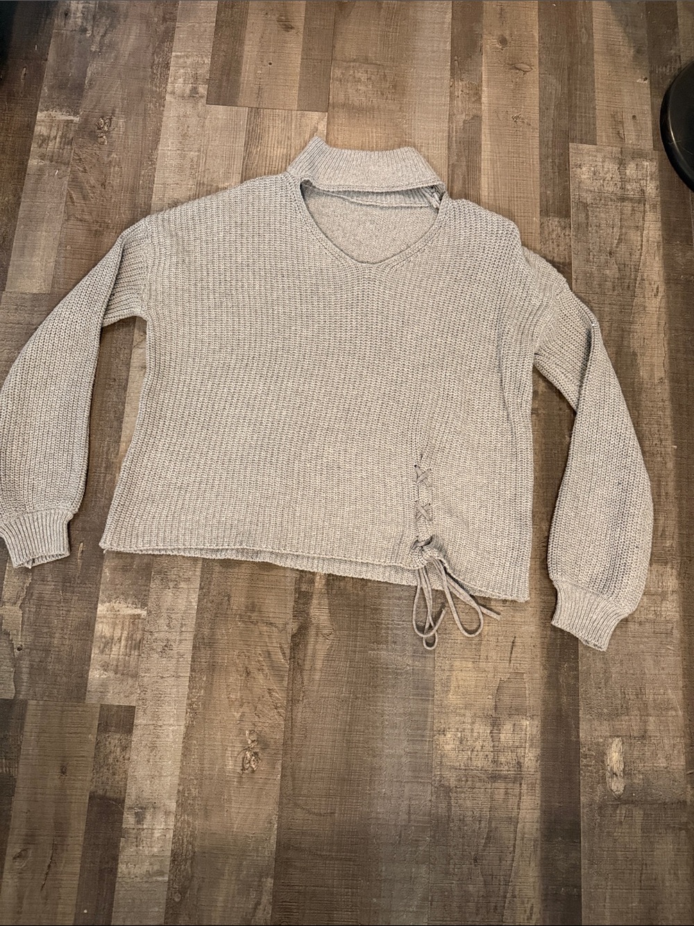 Light Gray V-Neck Knit Women's Sweater with Side Lace-Up